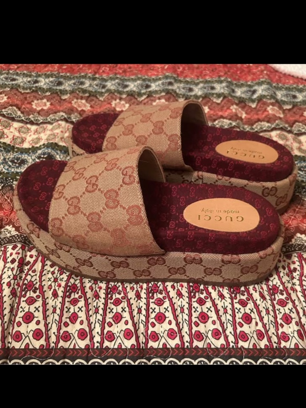 Gucci Beige Monogram and Burgundy Platform Slide Sandals
